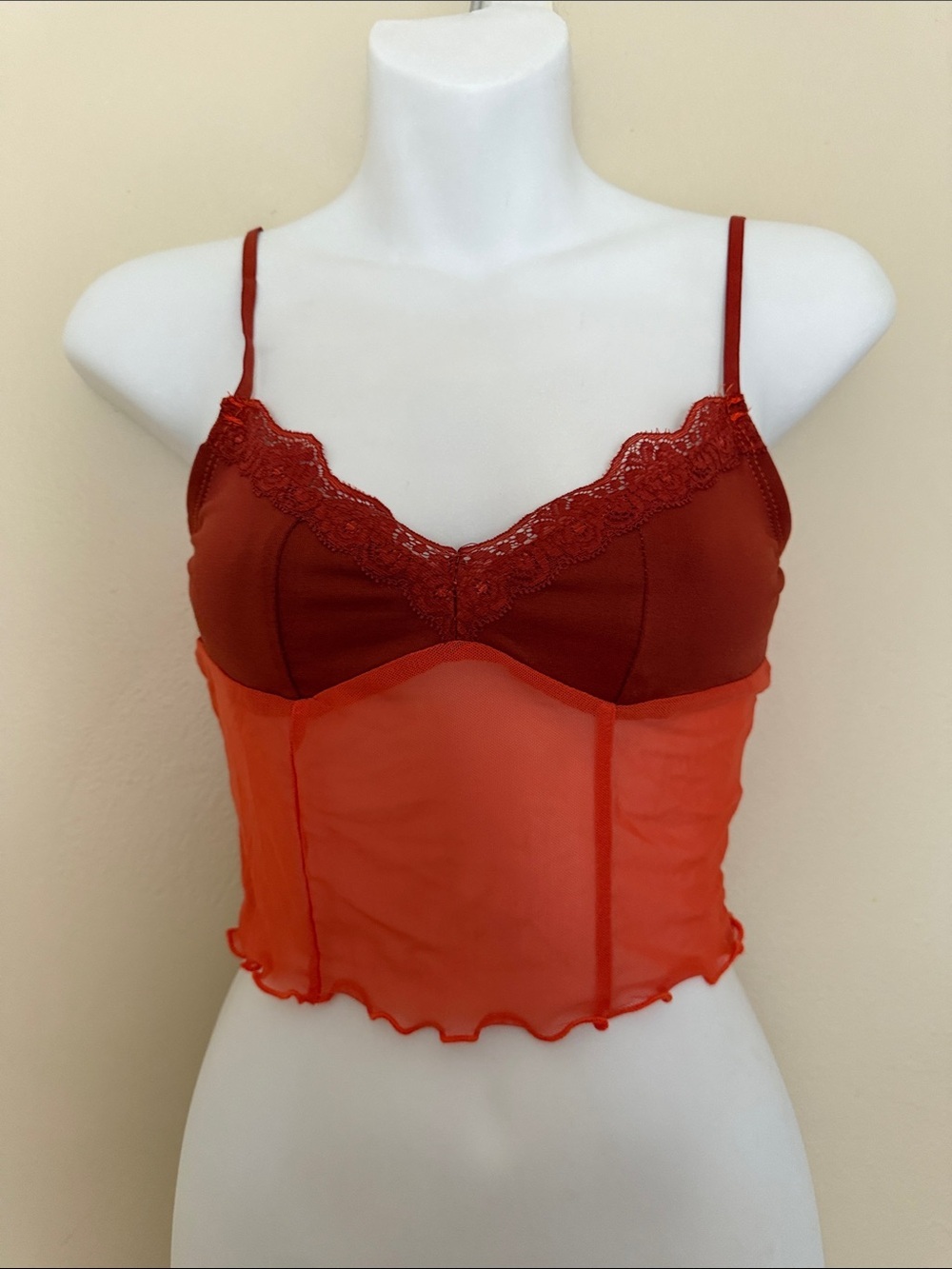 Red Lace Trim Sheer Bustier Crop Top - Women Intimates
